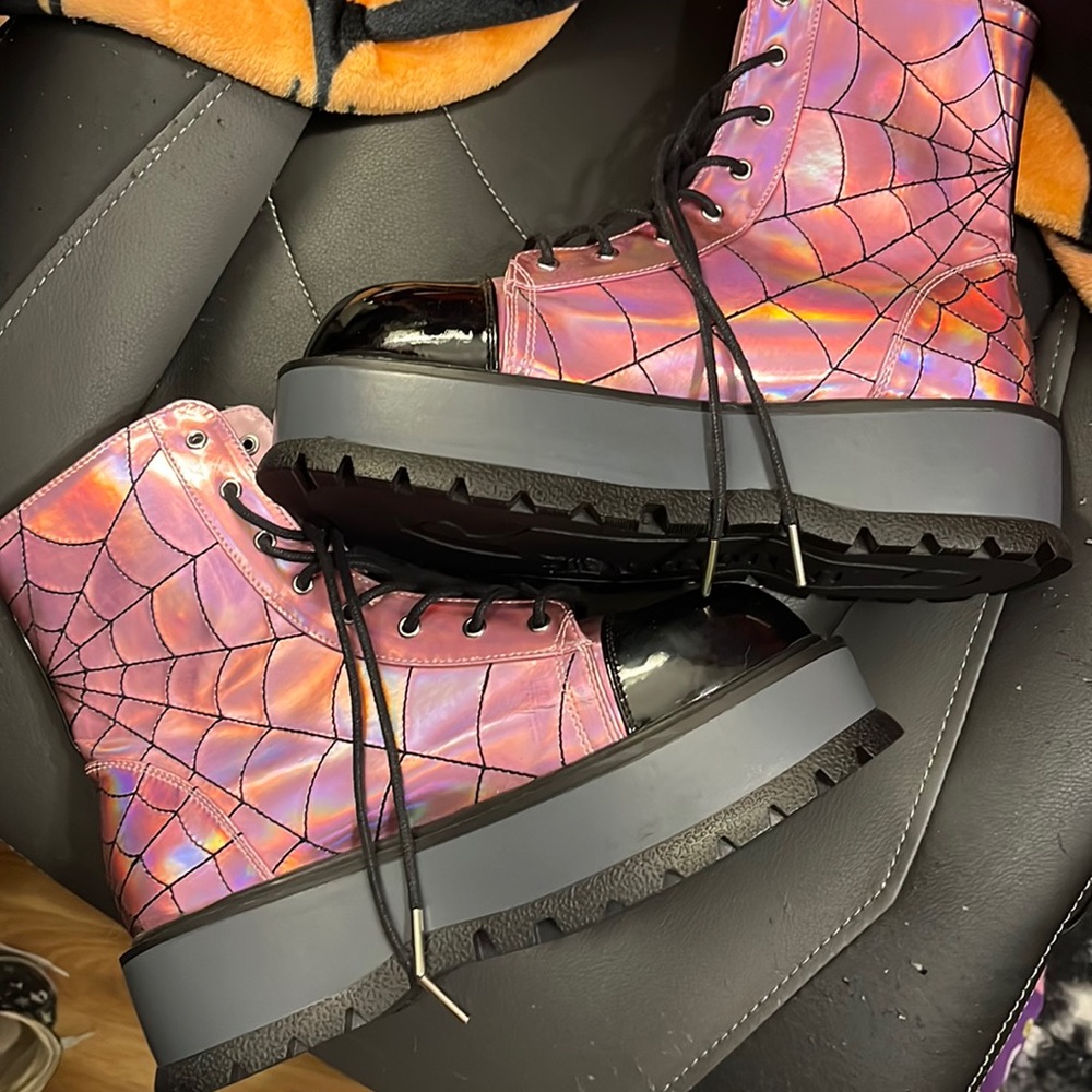 Pink Halographic spiderweb Demonia boots Size 10